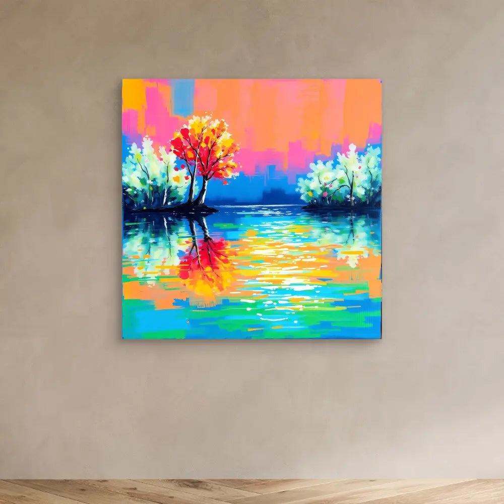 Vibrant landscape painting featuring colorful trees reflected in water with a pink and orange sky.