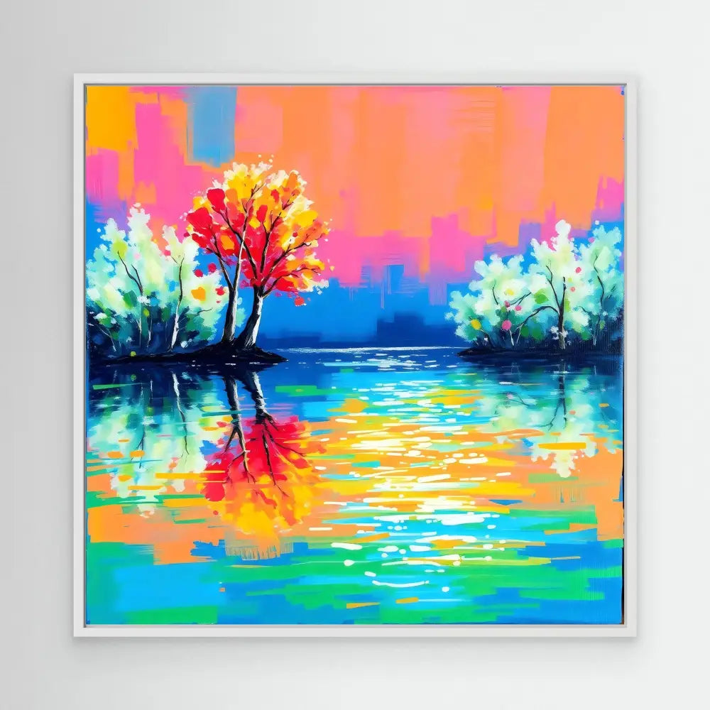 Vibrant landscape painting featuring colorful trees reflected in a lake with a sunset sky.