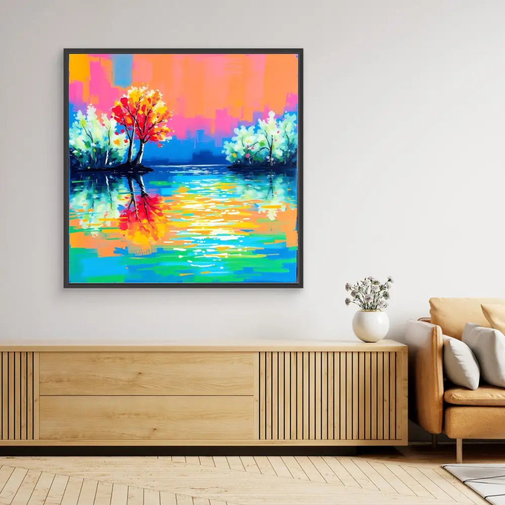 Vibrant landscape painting featuring colorful trees reflected in water with a pink and blue sky.