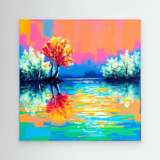 Vibrant landscape painting featuring colorful trees reflected in water with orange and blue hues.