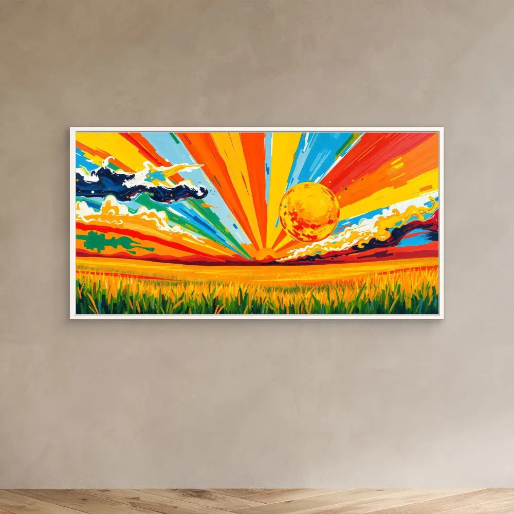 Vibrant landscape painting featuring a dramatic sunburst sky over a wheat field.