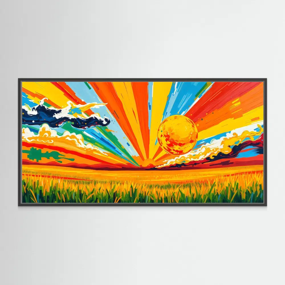 Vibrant landscape painting featuring a dramatic sunburst sky over a wheat field.