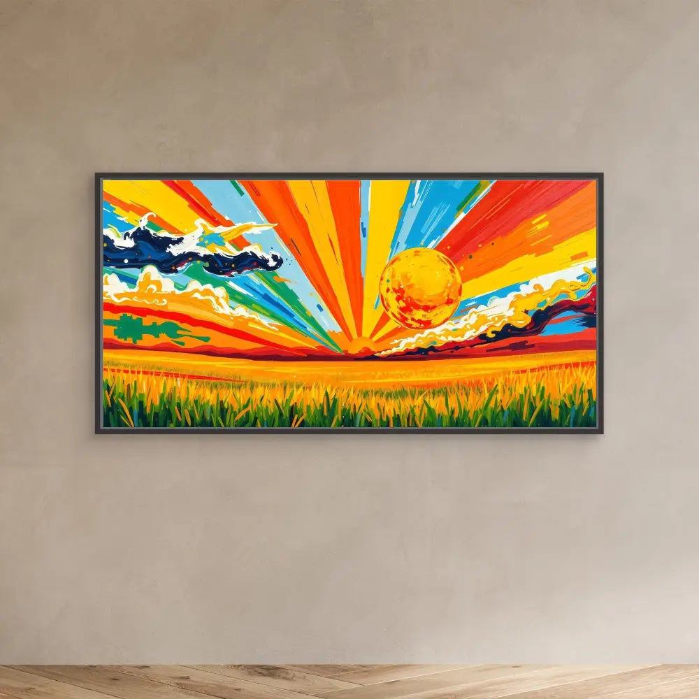 Vibrant landscape painting featuring a dramatic sunset with radiating orange rays over a wheat field.