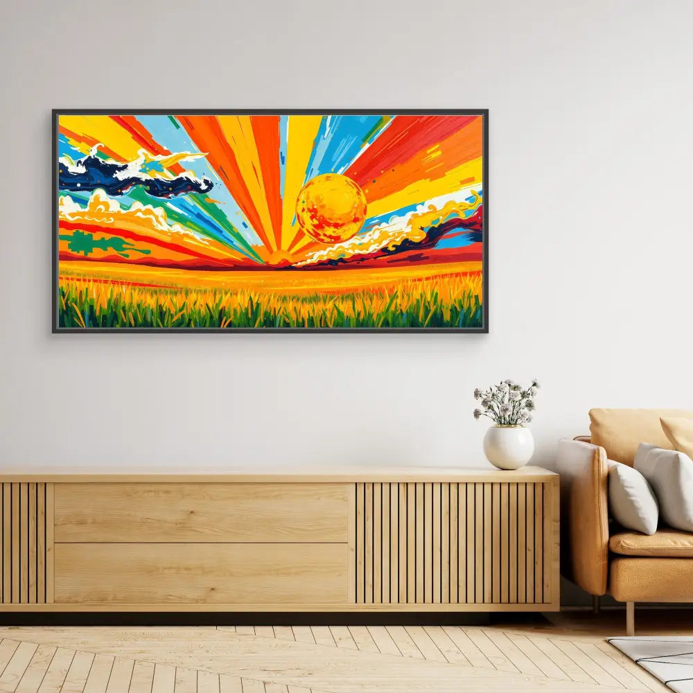 Vibrant landscape painting featuring a dramatic sunset with radiating orange and blue rays over a golden wheat field.