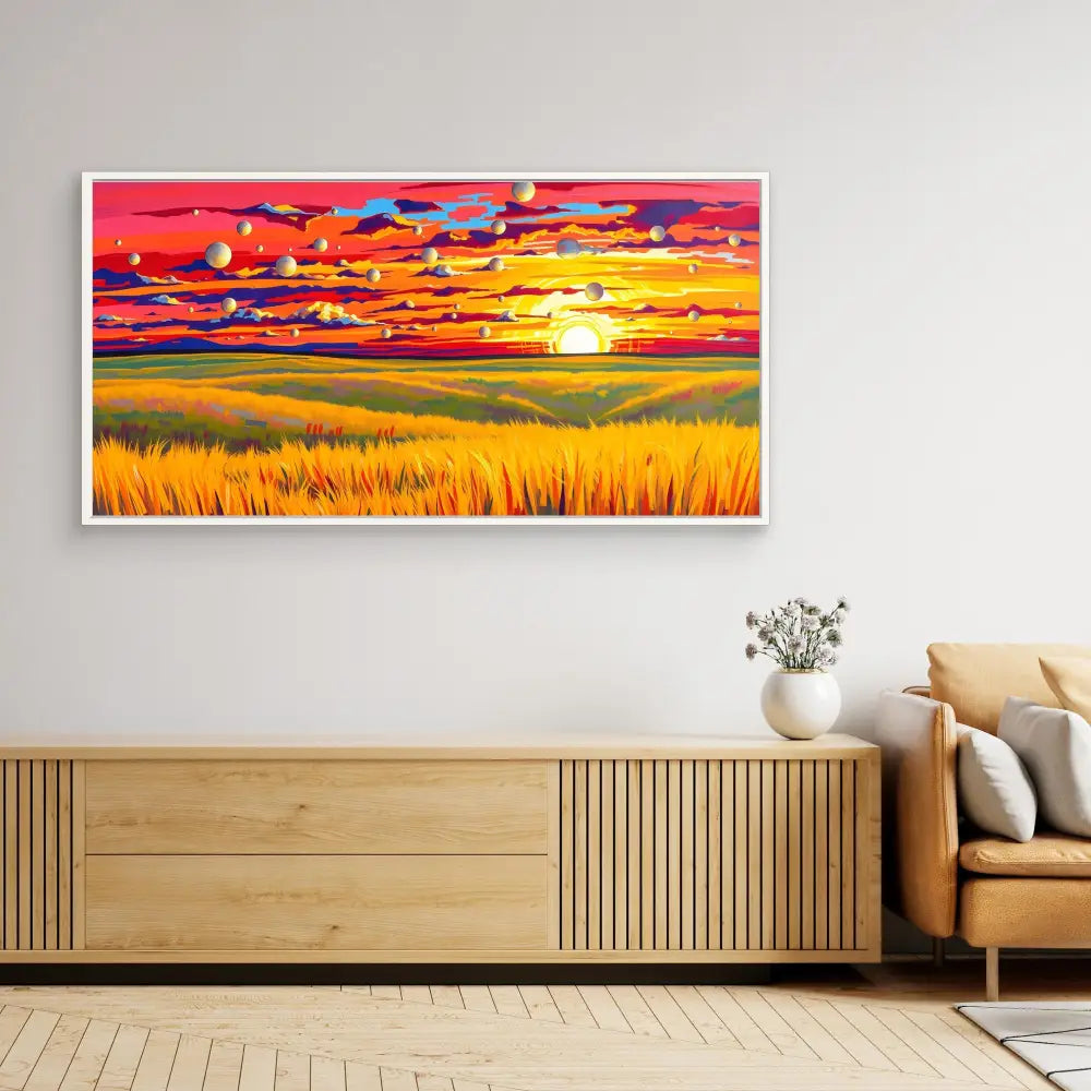 Vibrant landscape painting featuring a golden wheat field beneath a dramatic red and orange sunset sky.