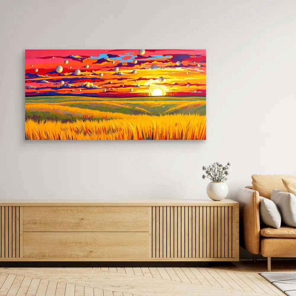 Vibrant landscape painting featuring a golden wheat field beneath a dramatic red and orange sunset sky.