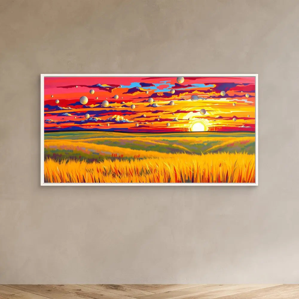 Vibrant landscape painting featuring a golden wheat field beneath a dramatic red and orange sunset sky.