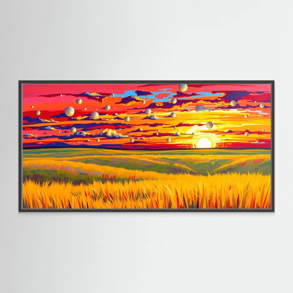 Vibrant landscape painting depicting a golden wheat field beneath a dramatic red and orange sunset sky.