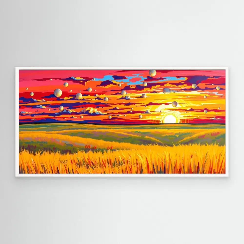 Vibrant landscape painting of a golden wheat field beneath a dramatic red and orange sunset sky.