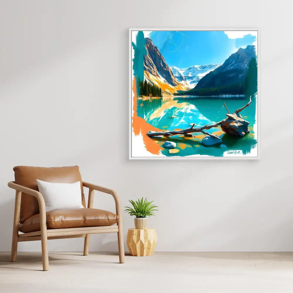 Vibrant landscape painting of Lake Louise with mountain reflections and driftwood in the foreground.