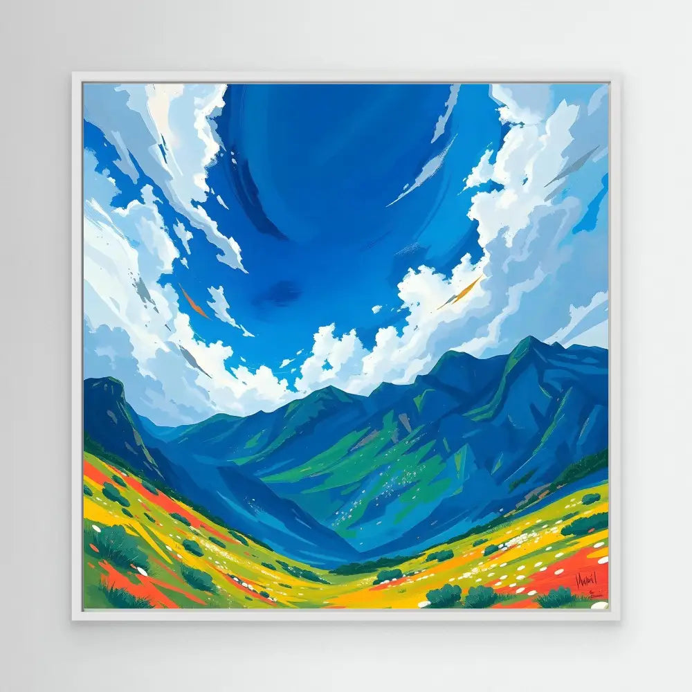 Vibrant landscape painting of a mountain valley with colorful wildflower meadows under dramatic blue skies.