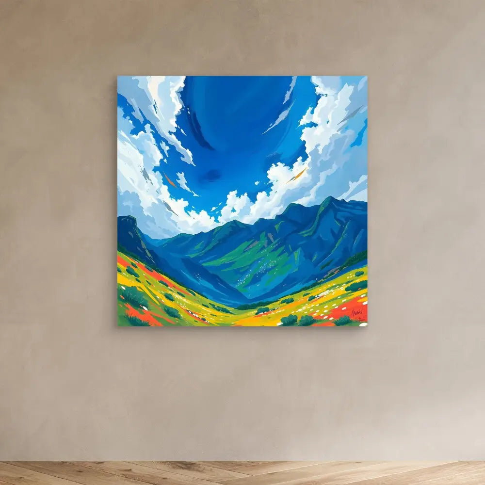 Vibrant landscape painting featuring mountains, clouds and colorful valley meadows.