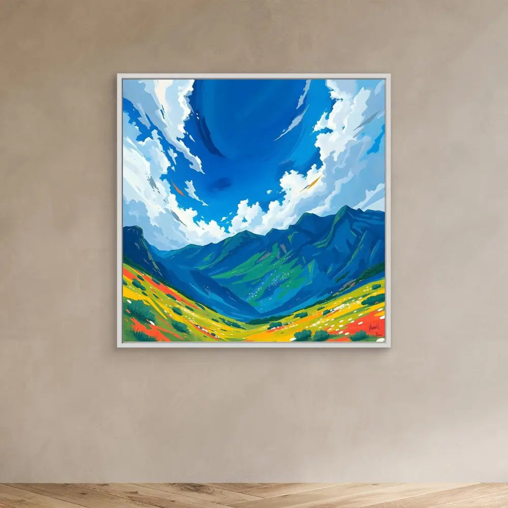 Vibrant landscape painting of mountains with dramatic clouds and colorful valley slopes.