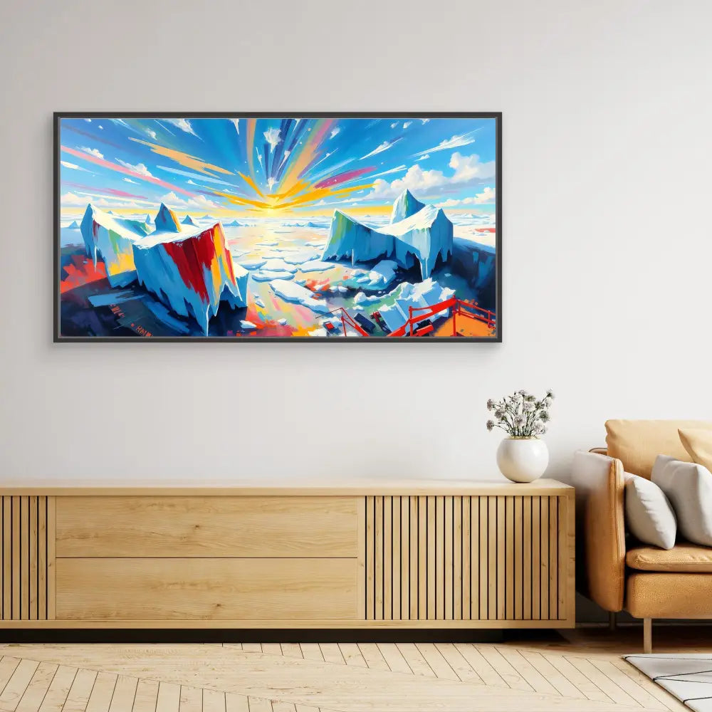 Vibrant landscape painting of mountains and a sunset in bold blues, reds and yellows.