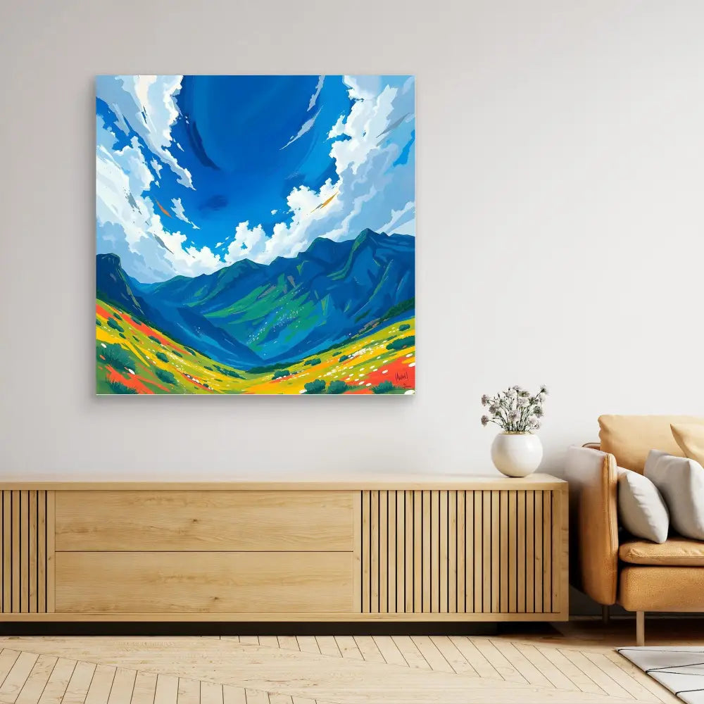 Vibrant landscape painting featuring mountains, wildflower meadows and dramatic blue skies with white clouds.