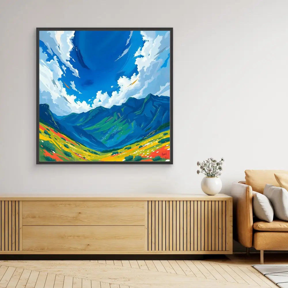 Vibrant landscape painting featuring mountains, wildflower meadows and dramatic cloudy skies in bold colors.