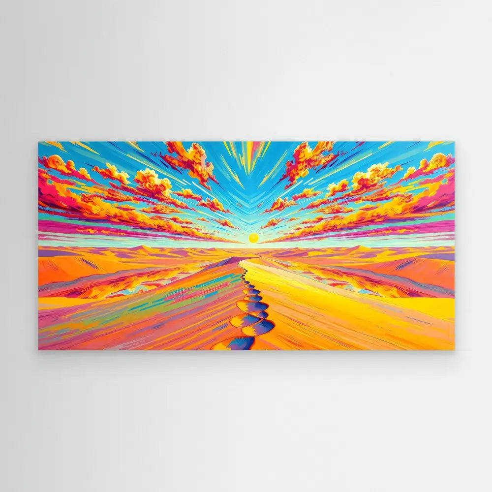 Vibrant landscape painting featuring a winding path beneath colorful sunset clouds.