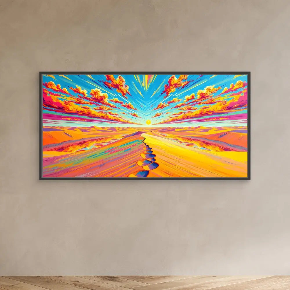 Vibrant landscape painting with a winding path beneath dramatic multicolored sunset clouds.