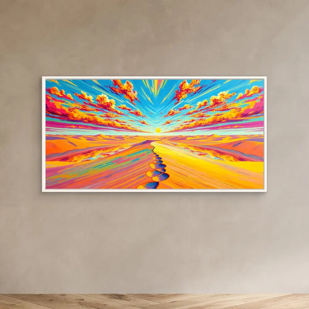 Vibrant landscape painting featuring a winding path beneath dramatic, colorful streaked clouds.