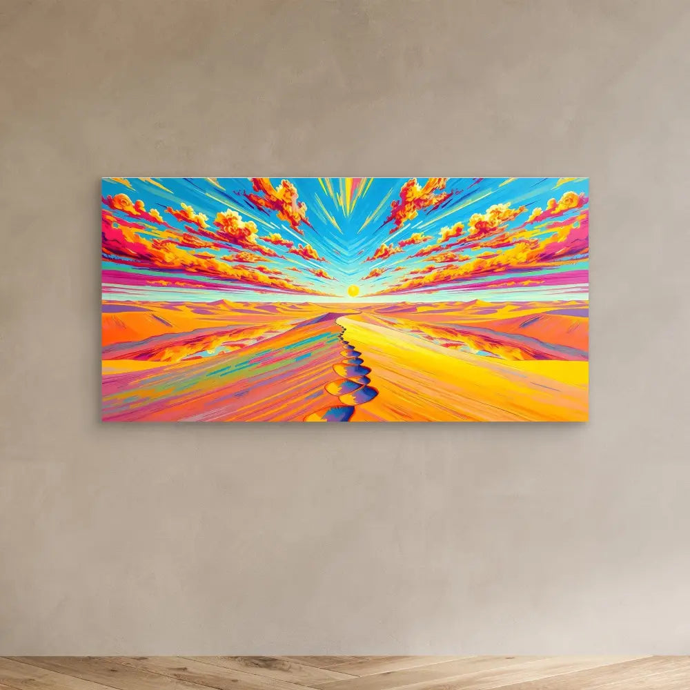 Vibrant landscape painting featuring a winding path under a dramatic sunset sky with radiating colors.