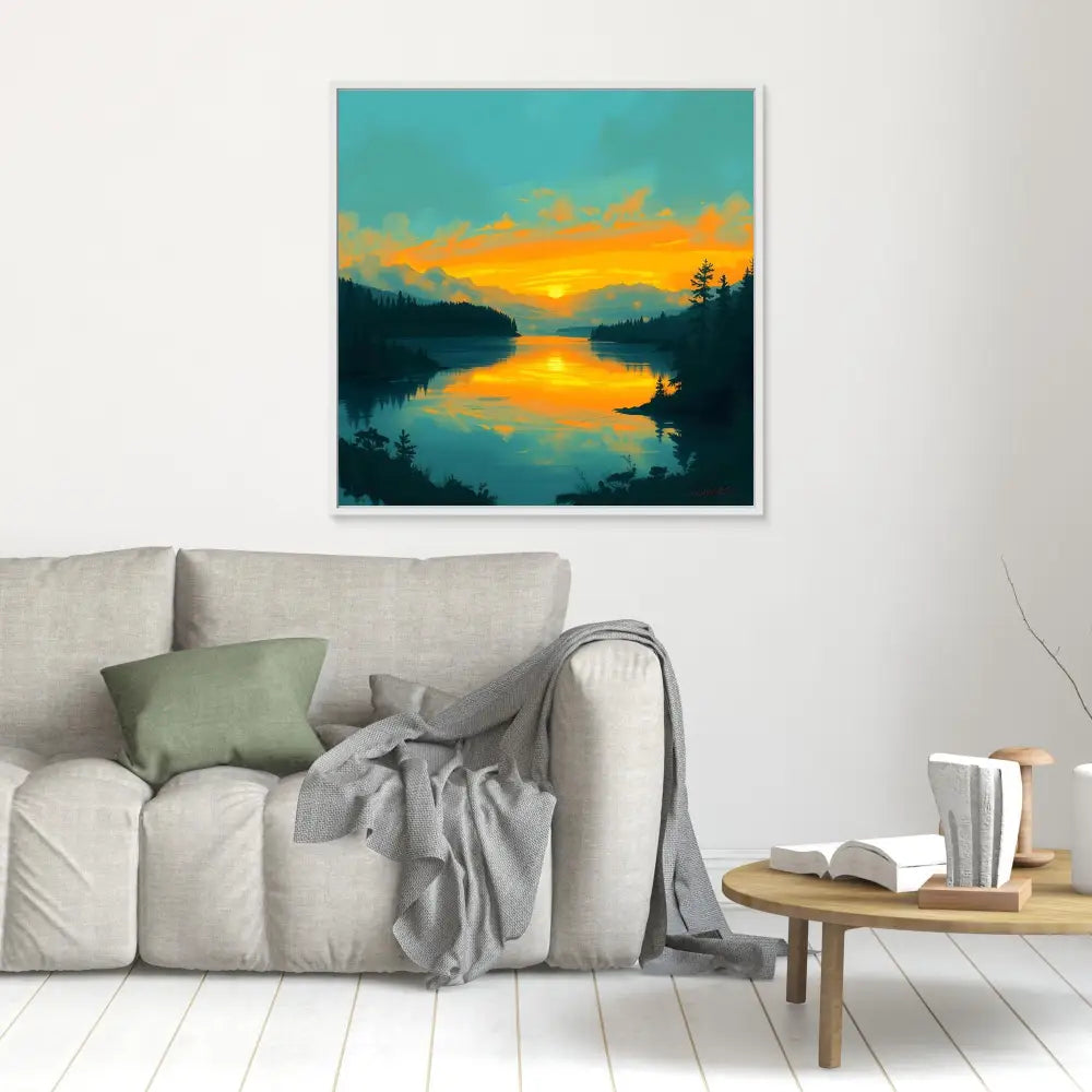 A vibrant landscape painting featuring a sunset reflected on calm waters between forested shores.