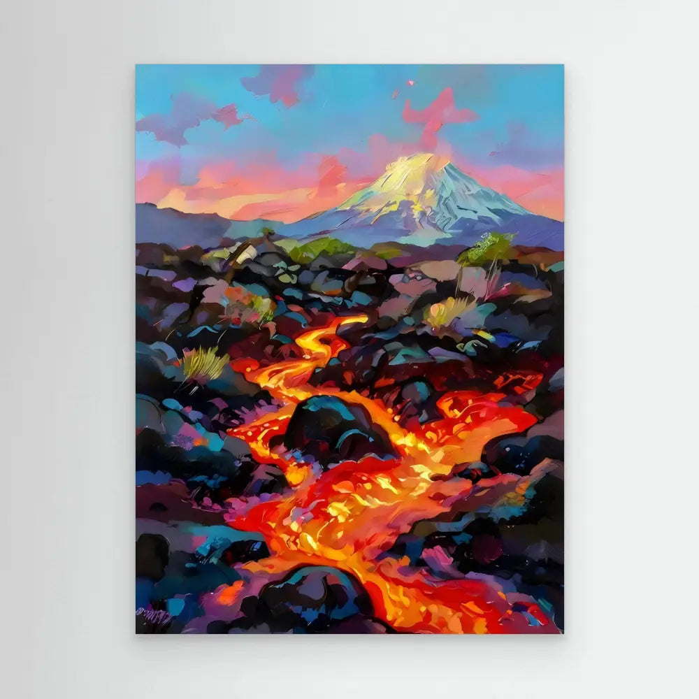 A vibrant lava flow winding between dark volcanic rocks beneath a snow-capped mountain.