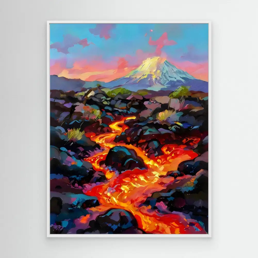 A vibrant lava flow winding between dark volcanic rocks beneath a mountain peak.