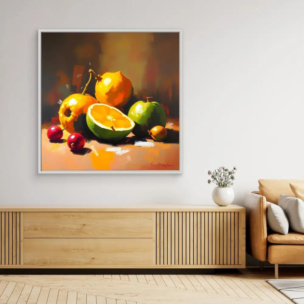 A vibrant still life painting of citrus fruits and cherries displayed on a surface.