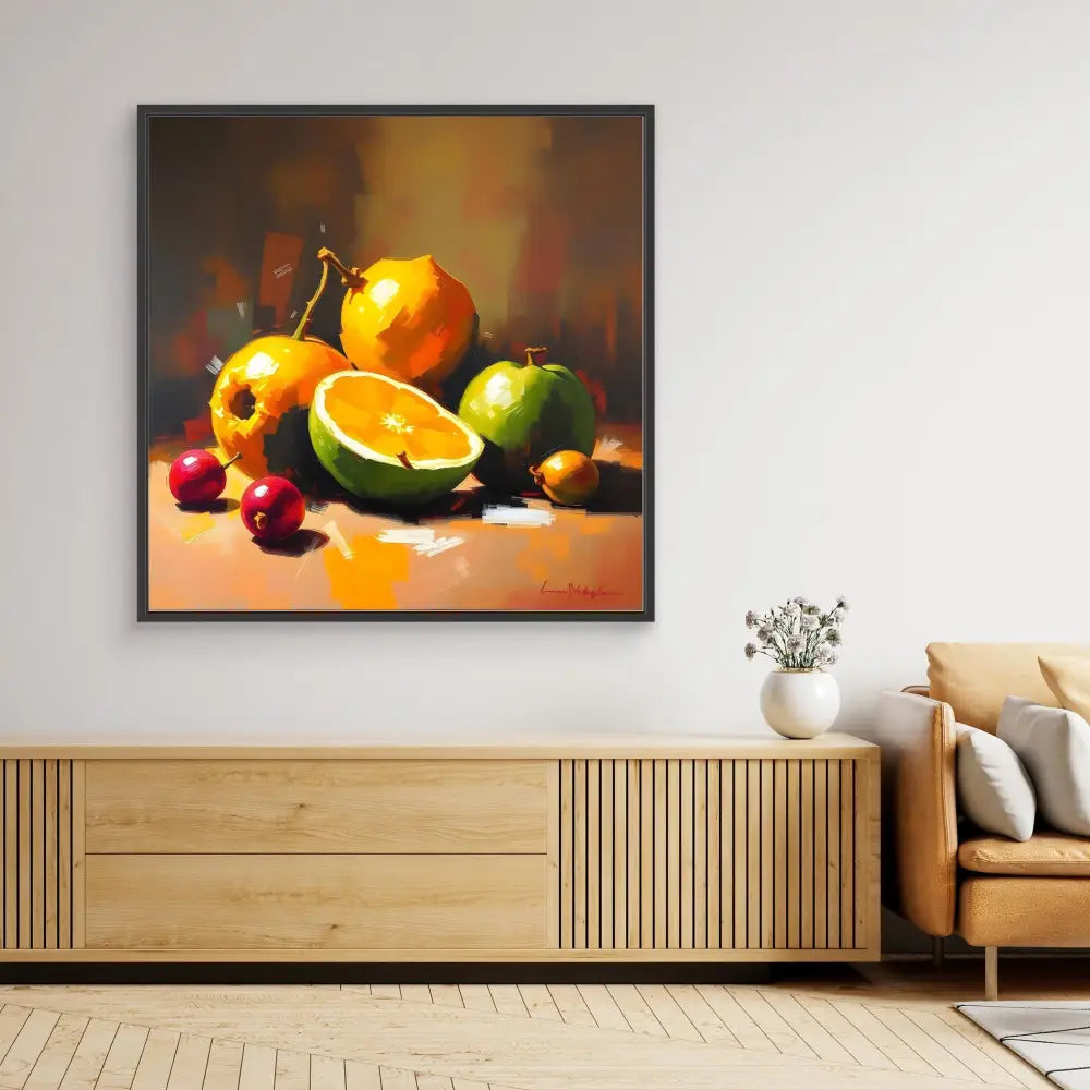 A vibrant still life painting of citrus fruits and apples in warm lighting.