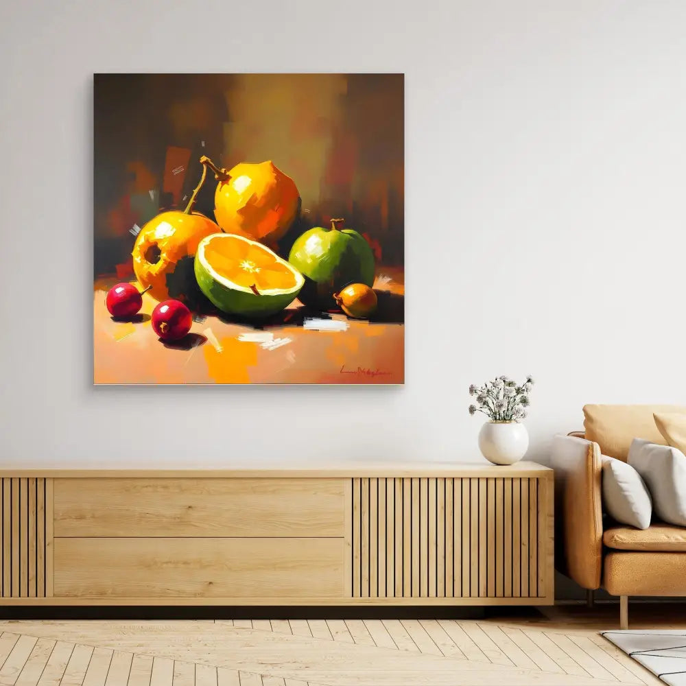 A vibrant still life painting of fresh fruits including oranges, apples, and cherries.