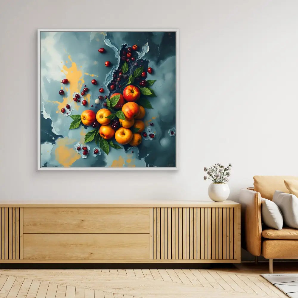 Vibrant still life painting of oranges and berries with leaves against a moody backdrop.