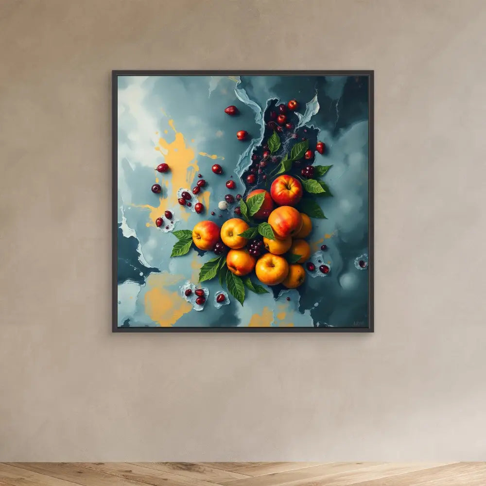 A vibrant still life painting of oranges and blueberries with green leaves.