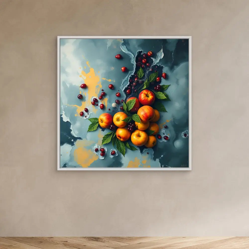 A vibrant still life painting of oranges and blueberries with green leaves.