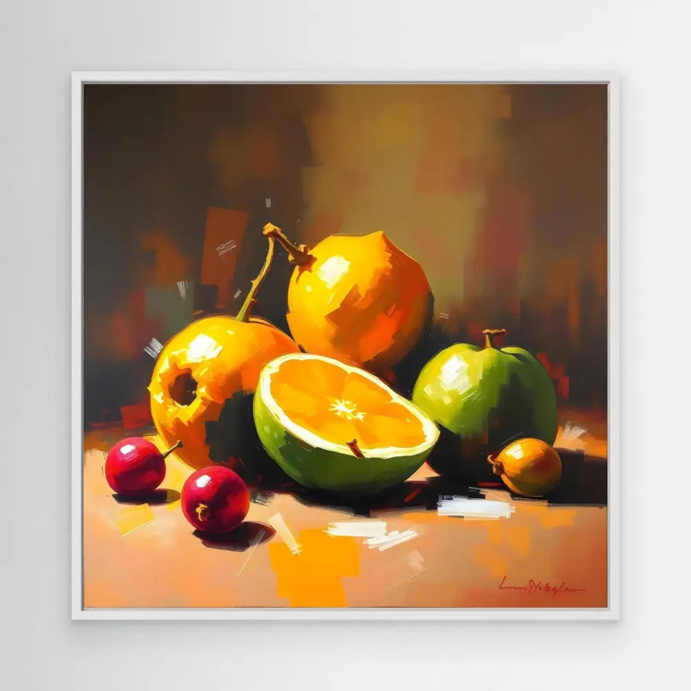 A vibrant still life painting of oranges, cherries and a green apple.