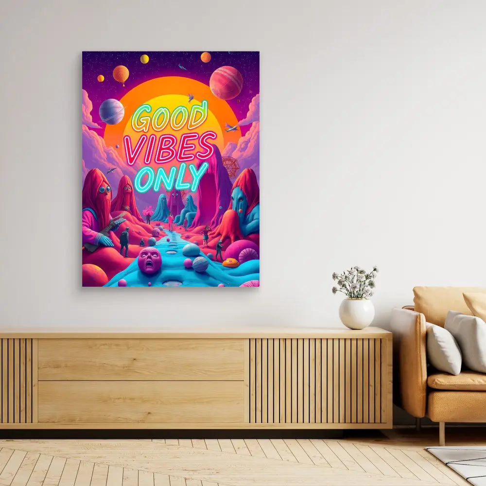 Vibrant neon art print featuring ’GOOD VIBES ONLY’ text against a colorful cosmic landscape with floating planets.