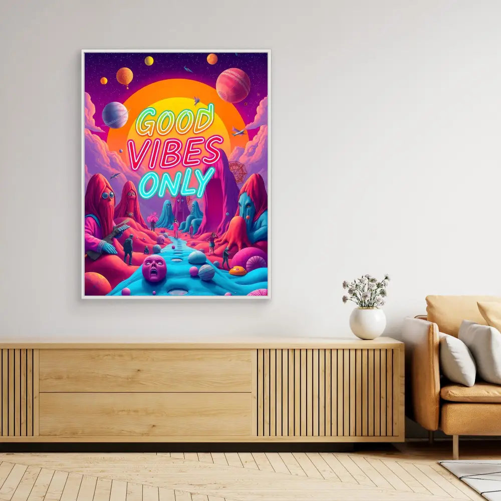 Vibrant neon art print featuring ’GOOD VIBES ONLY’ text against a colorful cosmic landscape with floating planets.