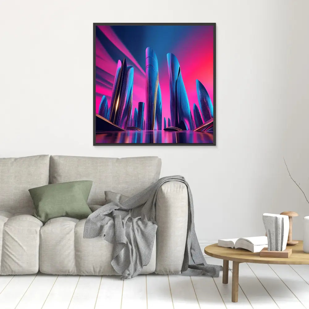 Vibrant neon cityscape artwork featuring tall skyscrapers against a pink and purple sky.