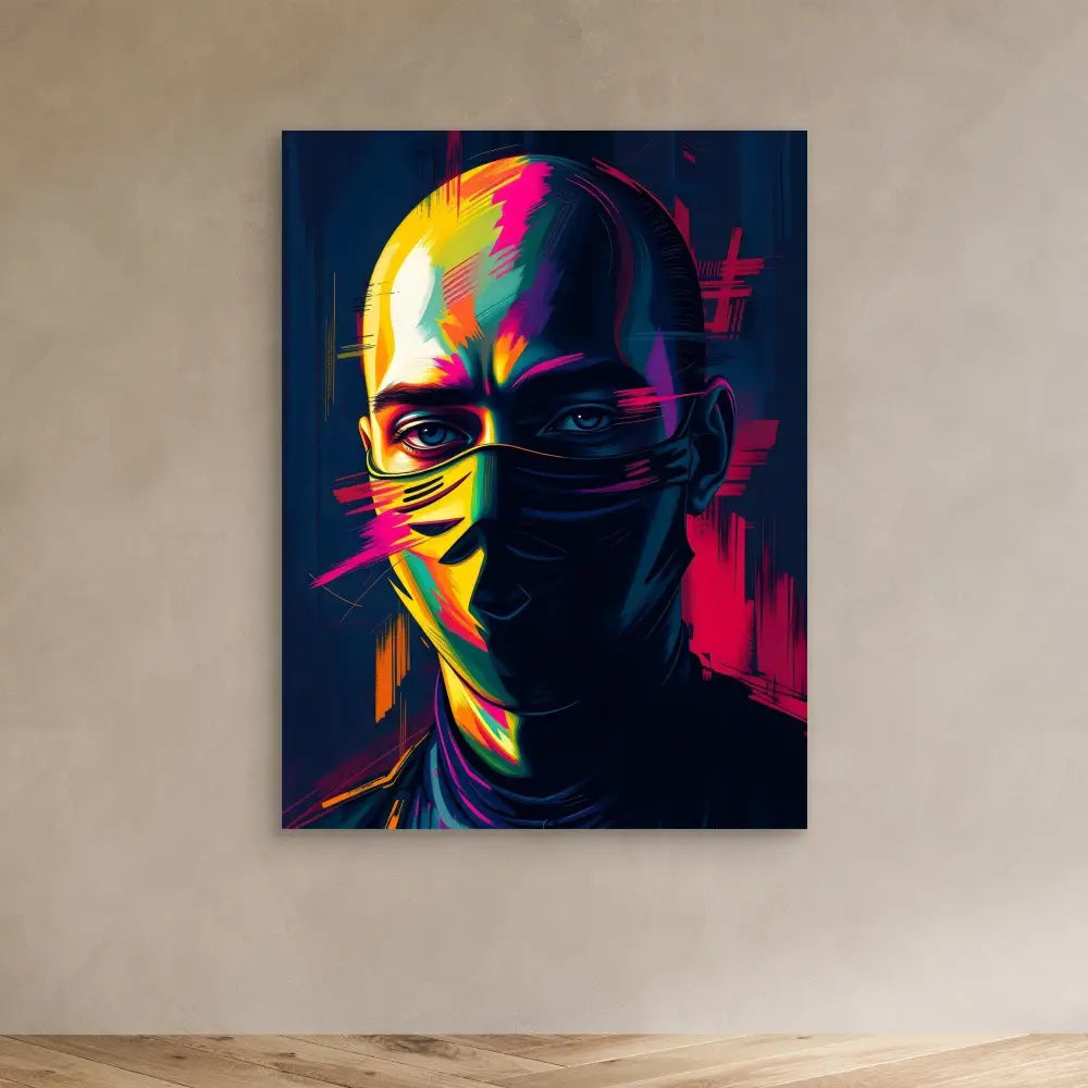 Vibrant neon-colored portrait of a masked figure against a dark background.