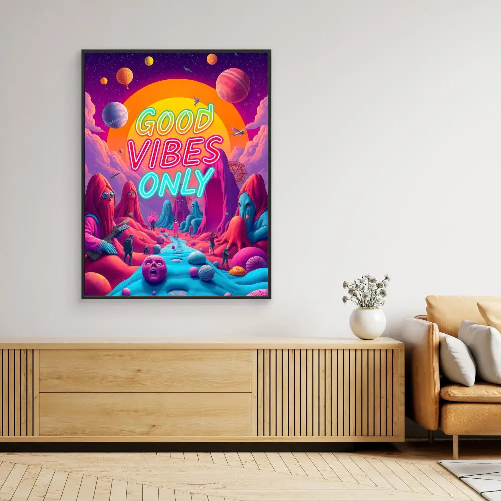 Vibrant neon wall art featuring ’GOOD VIBES ONLY’ text amid colorful planets and cosmic scenery.