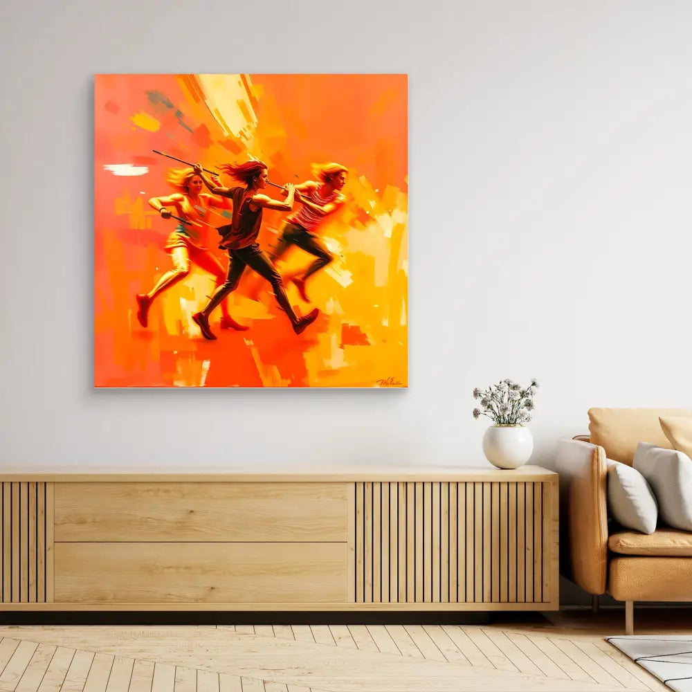 Vibrant orange abstract painting depicting silhouettes of dancers in motion.