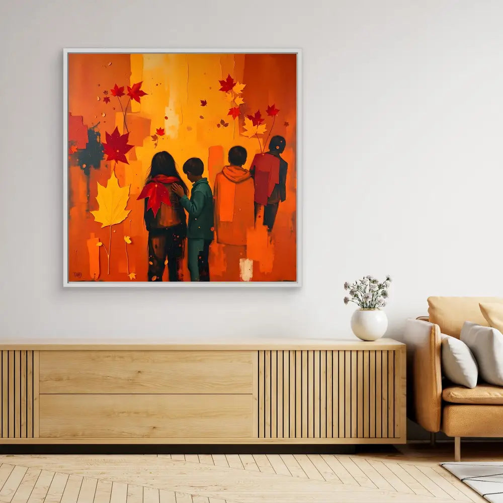 A vibrant orange artwork depicting silhouetted figures with falling maple leaves.