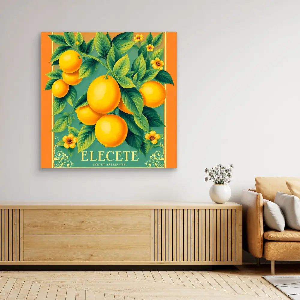 Vibrant orange citrus fruit artwork with green leaves and yellow flowers on an orange background.