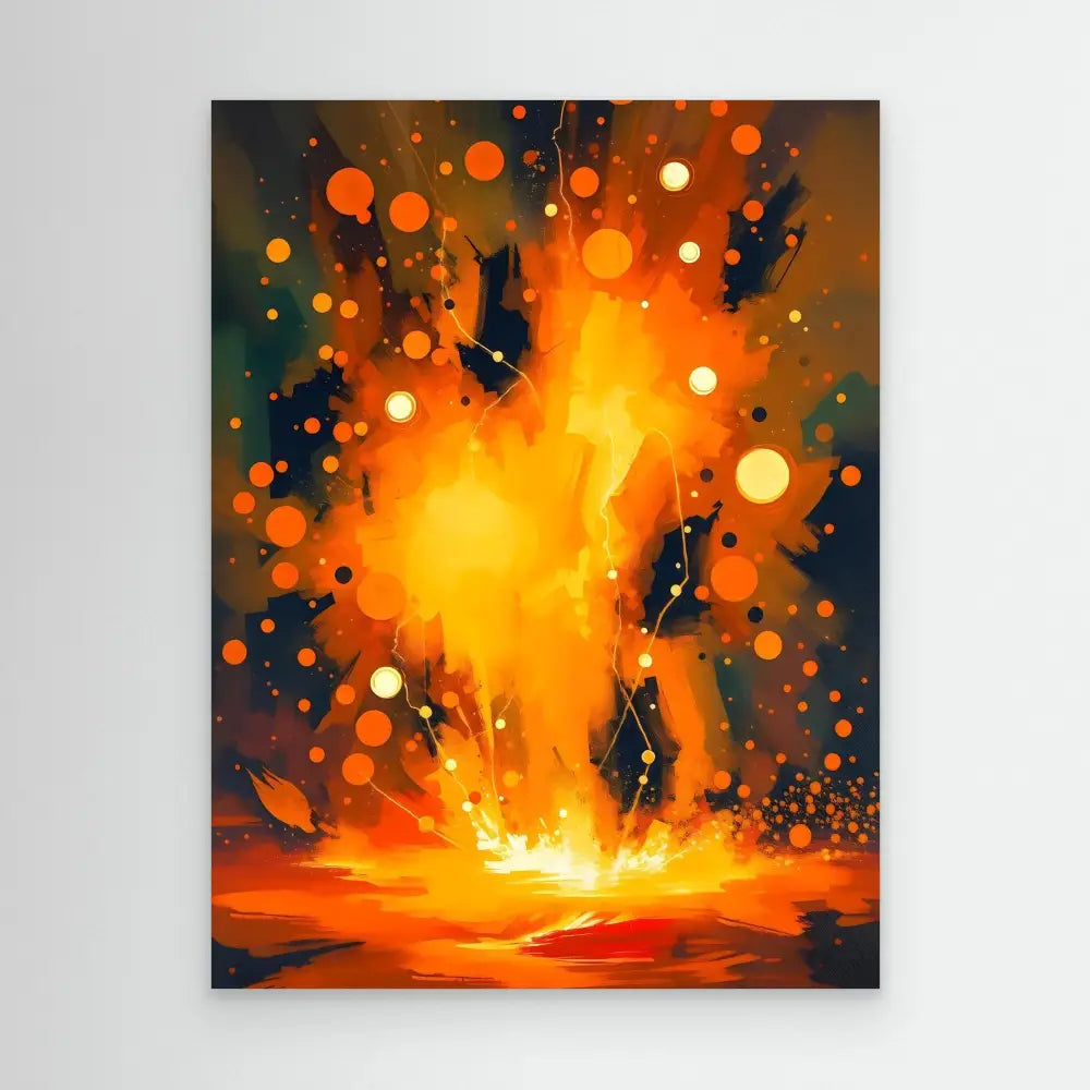 A vibrant orange explosion erupts with glowing particles and embers.