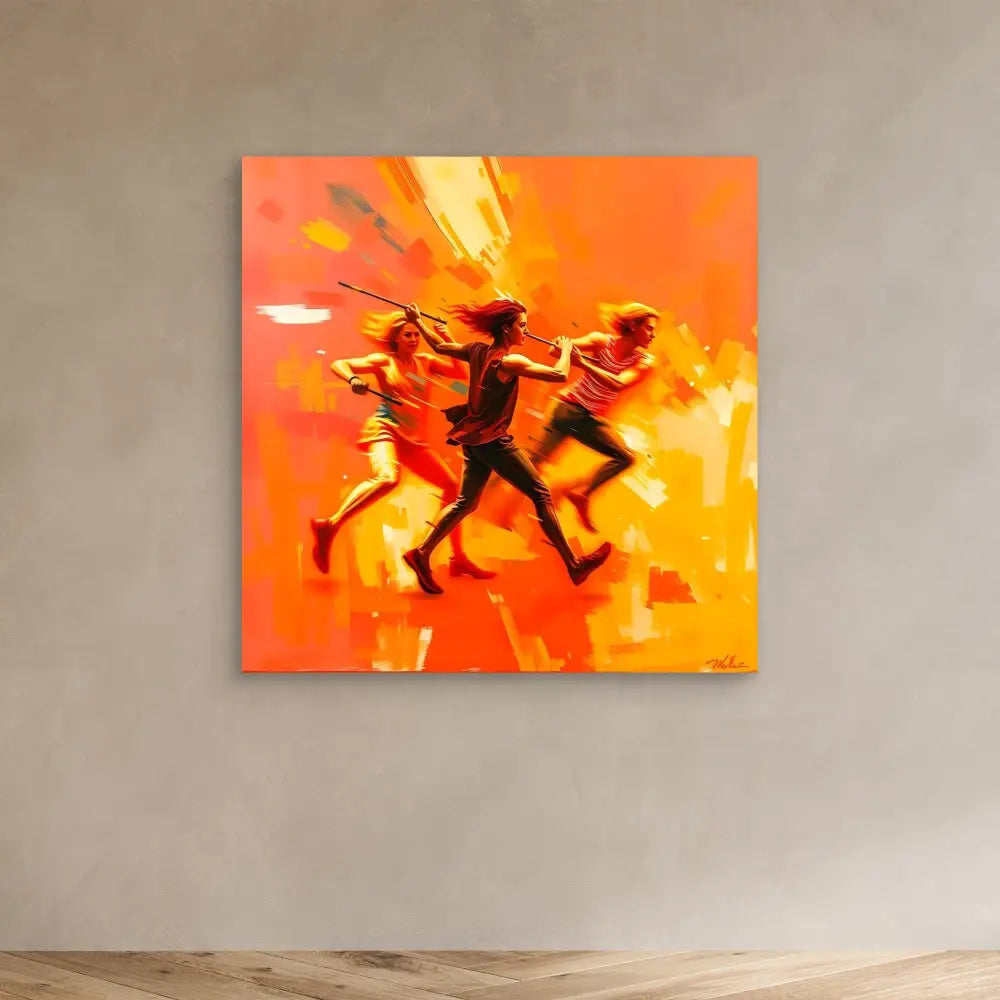 Vibrant orange painting depicting three silhouetted figures running together in motion.