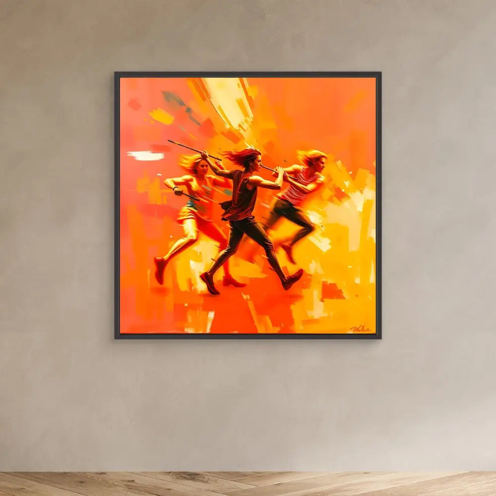 Vibrant orange painting depicting three silhouetted figures running together in motion.