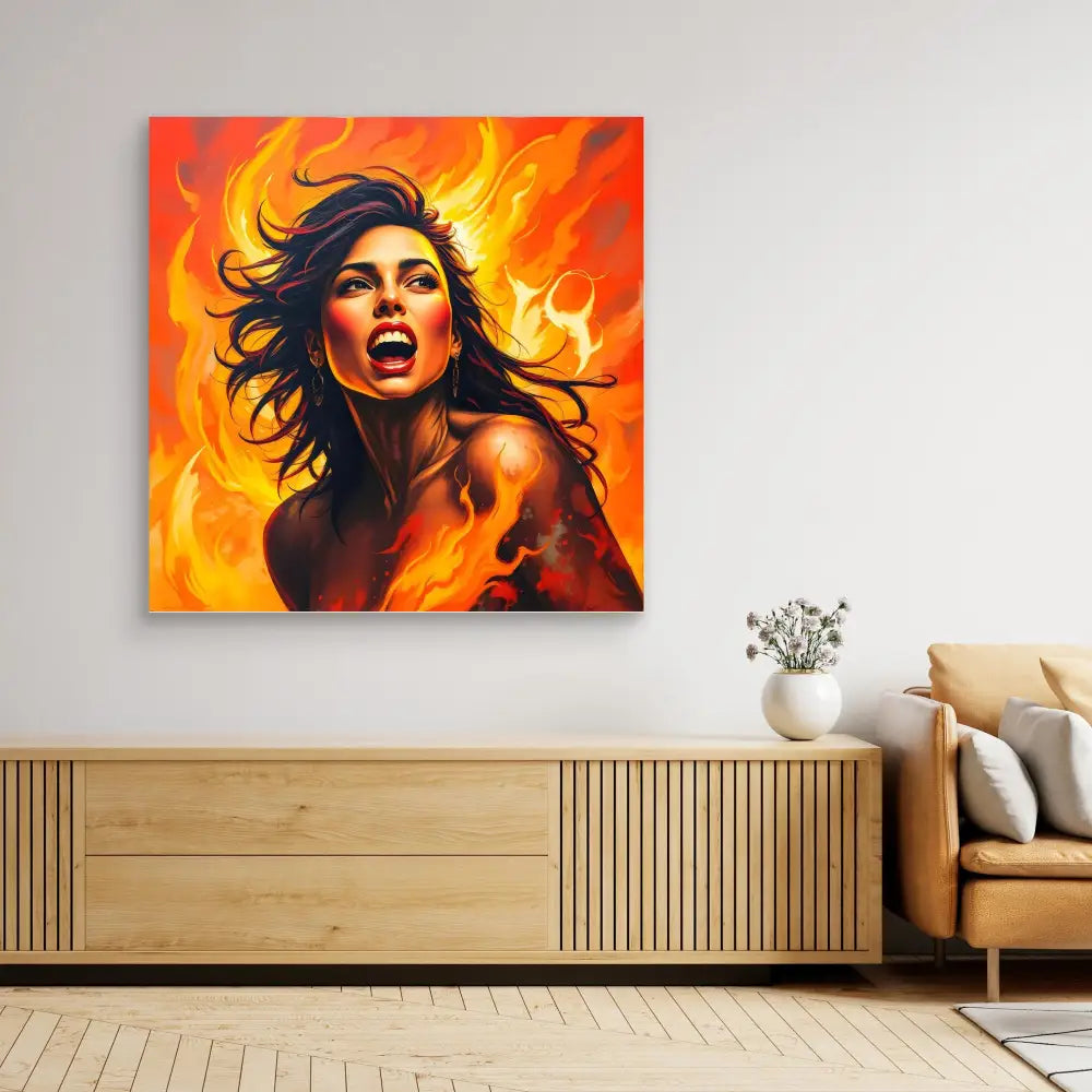 A vibrant orange and red painting depicting a passionate figure with windswept hair against flames.