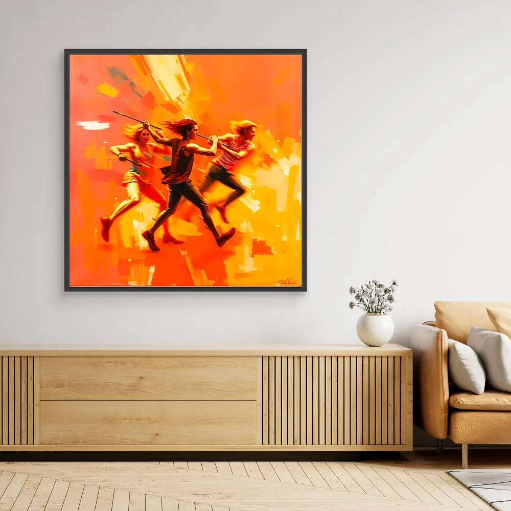 Vibrant orange and red painting depicting silhouettes of dancers in motion.