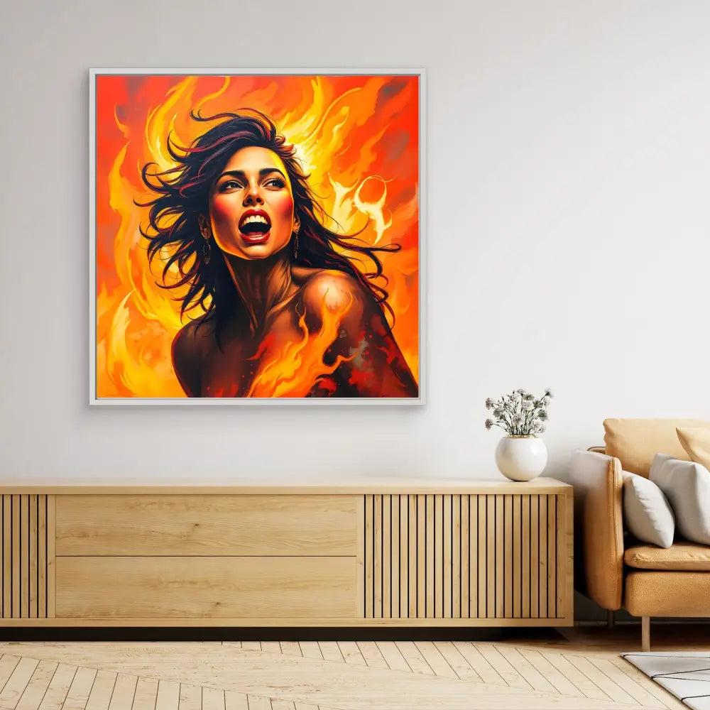 A vibrant orange and red portrait painting with dramatic flowing dark hair against a fiery background.