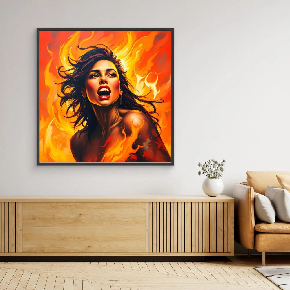 A vibrant orange and red portrait painting with dramatic flowing dark hair against flames.