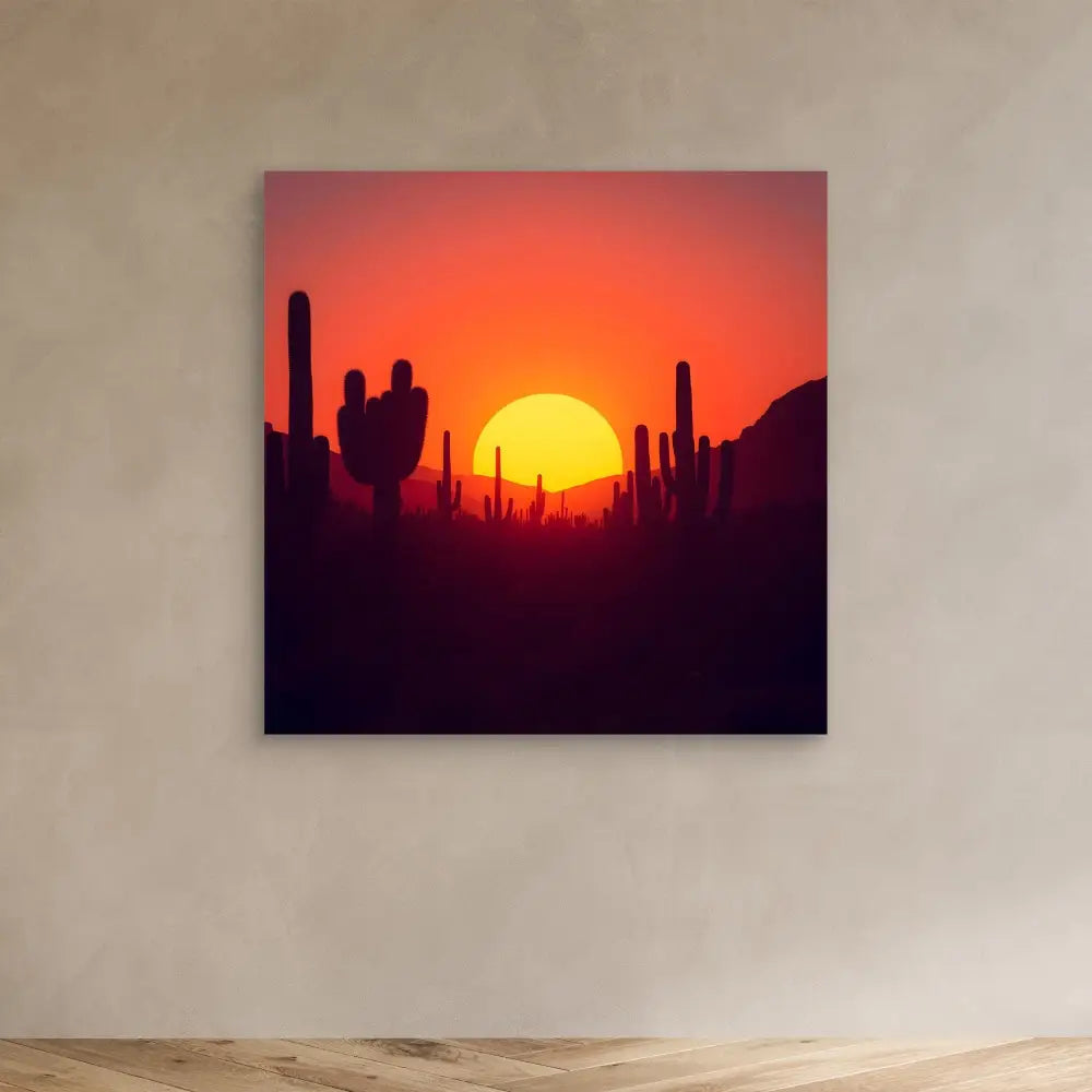 Vibrant orange sunset behind silhouetted saguaro cacti in a desert landscape.